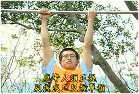 應考人須正握反握或正反握單槓